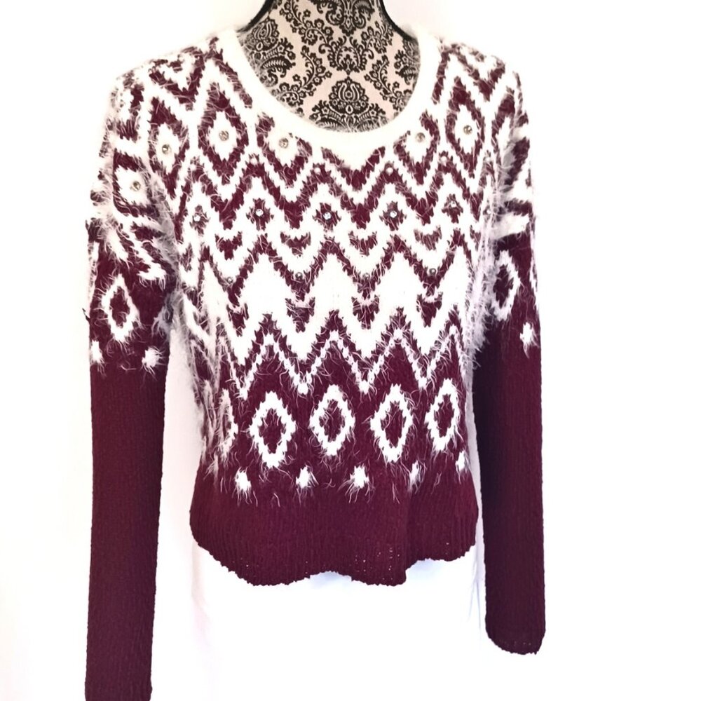 ABERCROMBIE & FITCH Eyelash Finish & Jewels Boxy Cut Folk Pattern Sweater XS